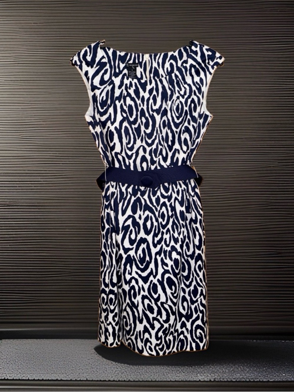 New Directions Navy and White Abstract Swirl Printed Midi Dress with Belt-8-EC